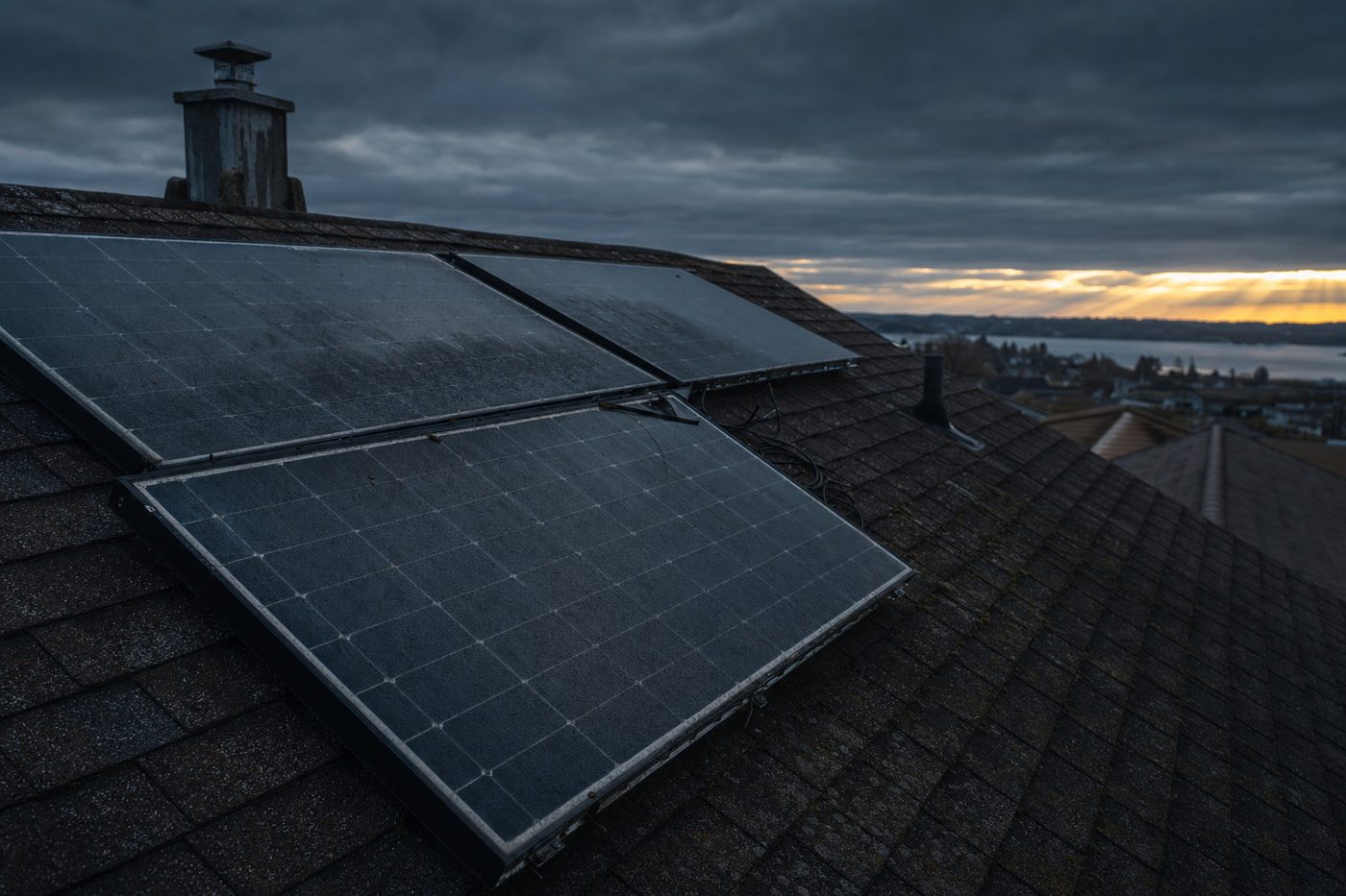 Aging rooftop solar panels streaked with dust on a weathered shingle roof